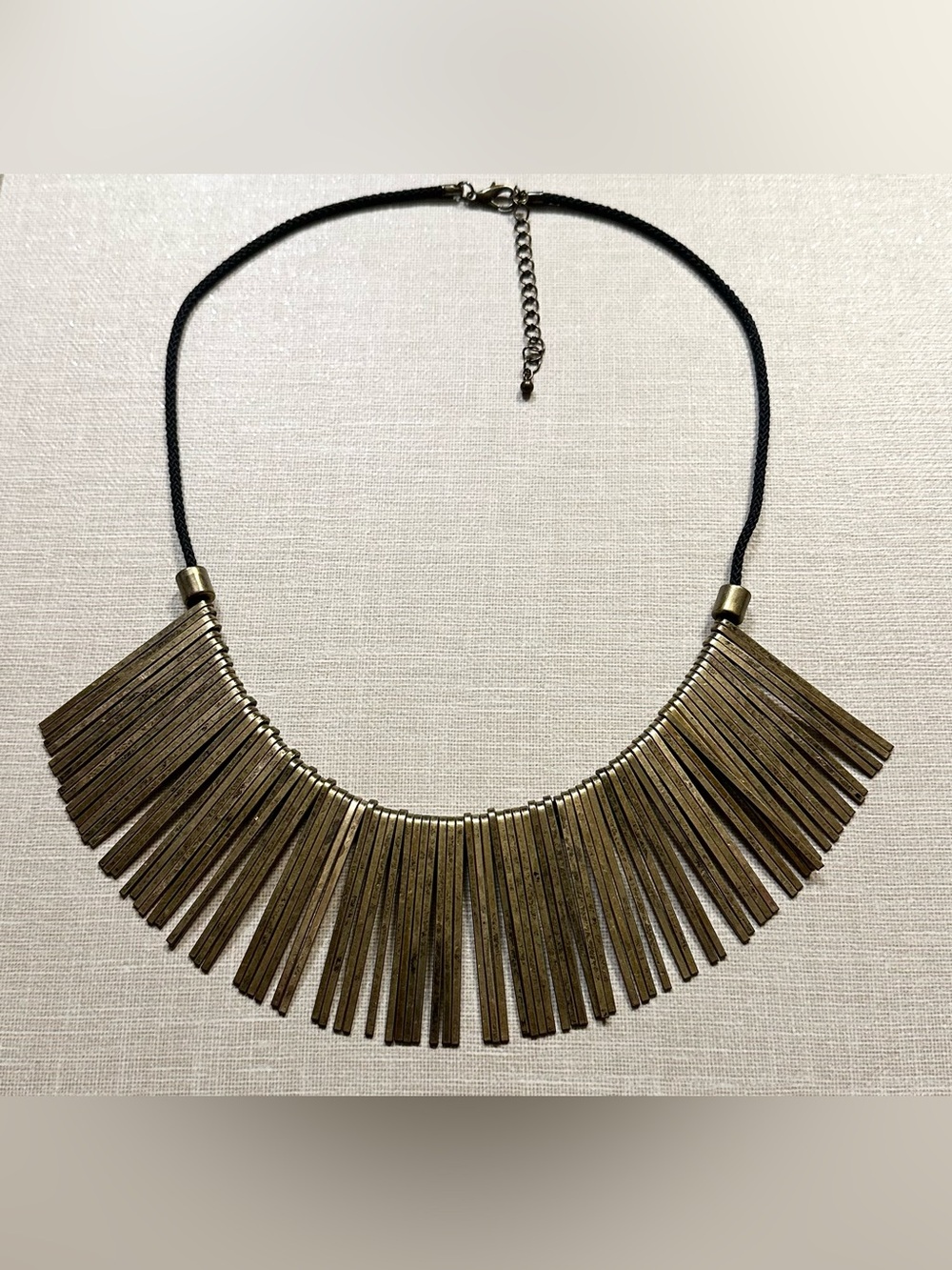 Antique Gold Tone Geometric Fringe Bib Statement Necklace